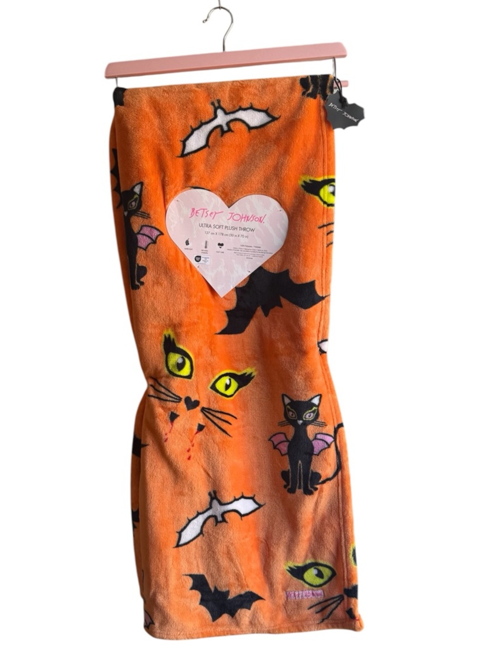 Betsey Johnson Plush Halloween Cat & Bat Throw Blanket